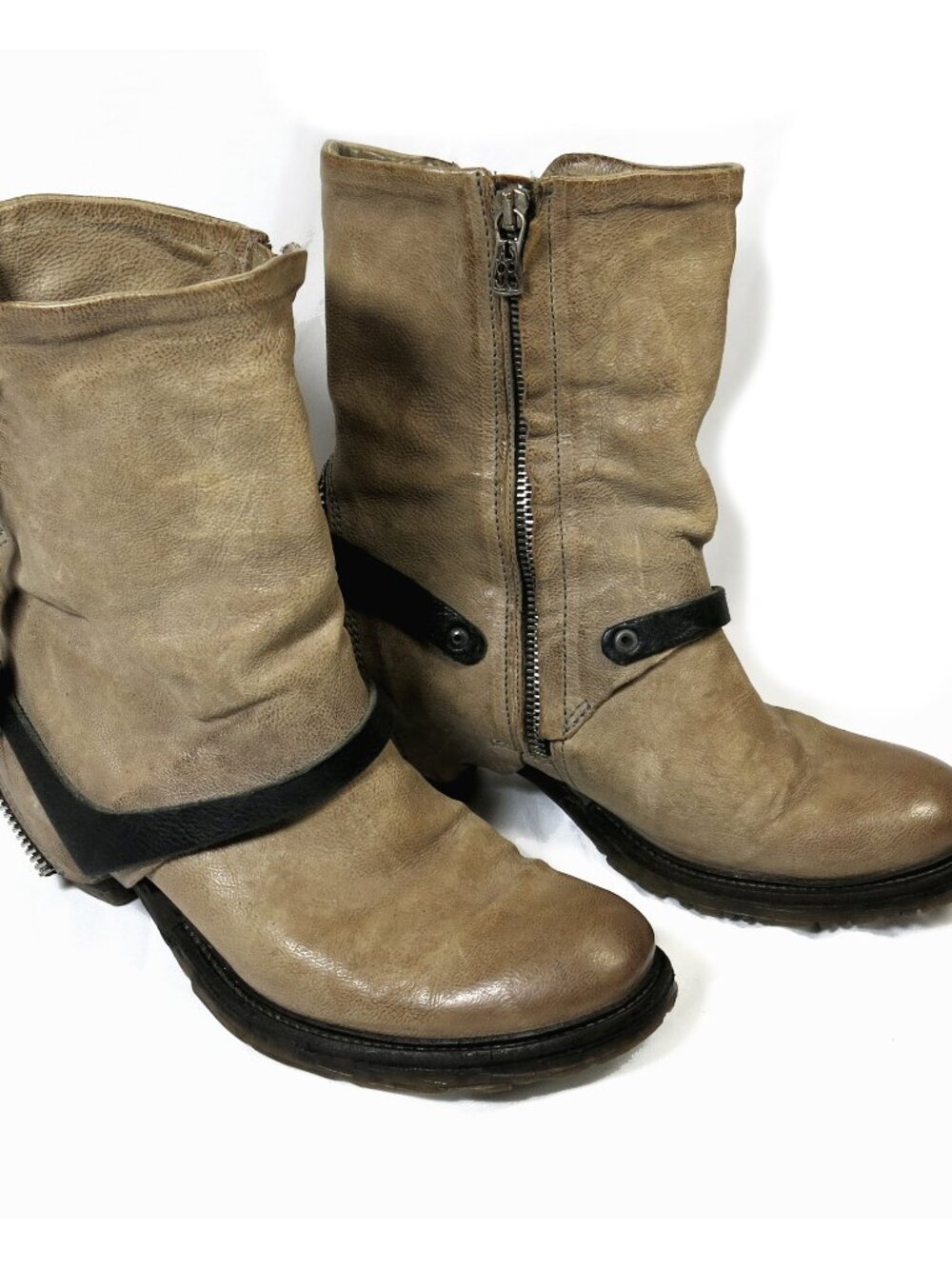 A.S. 98 Beige Double Zippered Boots, EU 38, US 8,Rare, Biker-Boho Strapped Boots - Picture 12 of 16